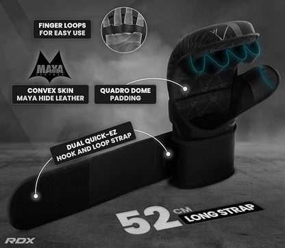 RDX MMA Gloves Sparring Grappling, Hybrid Open Palm Martial Arts Mitts Men Women, Maya Hide Leather Wrist Support, Cage Fighting Combat Sports Boxing Glove Training, Muay Thai, Punching Bag Kickboxing