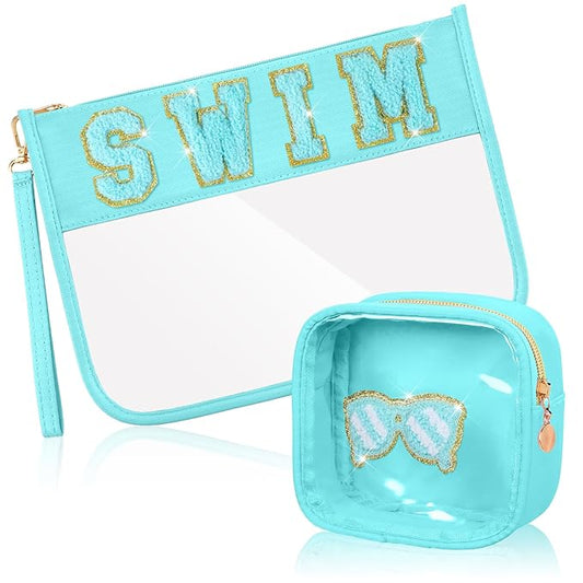 Hillban 2 Pcs Swim Bag Chenille Letter Preppy Patch Makeup Pouch Flat Clear Pouch PVC Organizer Purse Waterproof Travel Cosmetic Bags Pool Swim Coach Team Gifts for Women