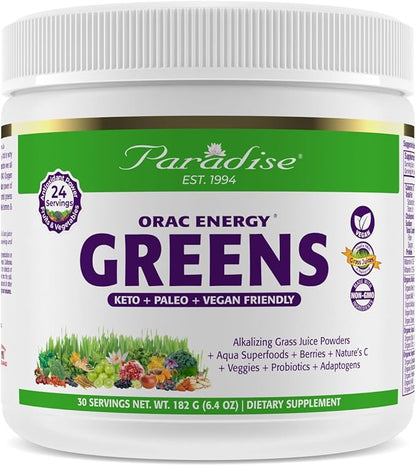 Paradise, ORAC Energy Greens Powder Extract, Super Antioxidants, Probiotics for Gut Health & Digestion, Vitamin C for Immunity, with Spirulina & Chlorella, Non-GMO, Gluten Free, 30 Servings