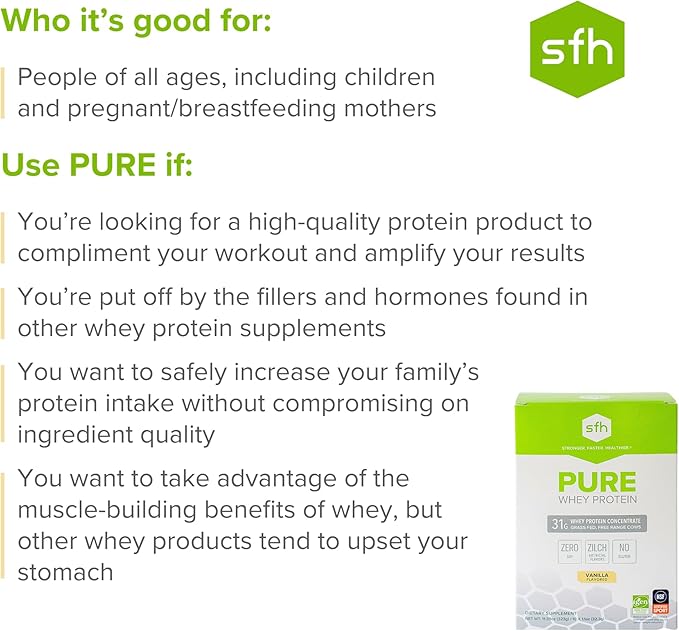 SFH Pure Whey Protein Powder | Best Tasting Grass Fed New Zealand Whey | All Natural | 100% Non-GMO, No Artificials, Soy Free, Gluten Free | Vanilla (Pack of 10 Single Serves)