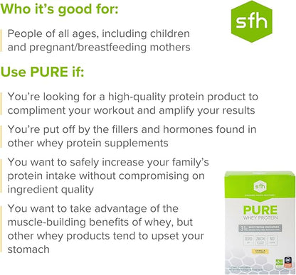 SFH Pure Whey Protein Powder | Best Tasting Grass Fed New Zealand Whey | All Natural | 100% Non-GMO, No Artificials, Soy Free, Gluten Free | Vanilla (Pack of 10 Single Serves)