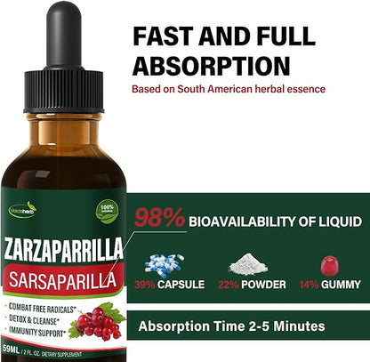 Sarsaparilla Root Extract Drops for Liver Cleanse Detox & Repair, Immune Support Supplement with Dandelion Cocolmeca Polypodium Leucotomos. Diente de Leon para Limpieza de Colon y Desintoxicar. 2oz