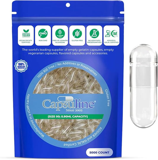 Capsuline Size 00 - Clear Empty Vegan Capsules - 5000 Count - Empty Veggie Pill Capsules - DIY Vegetable Capsule Filling - Empty Caps - Kosher and Halal Certified - Non-GMO Certified