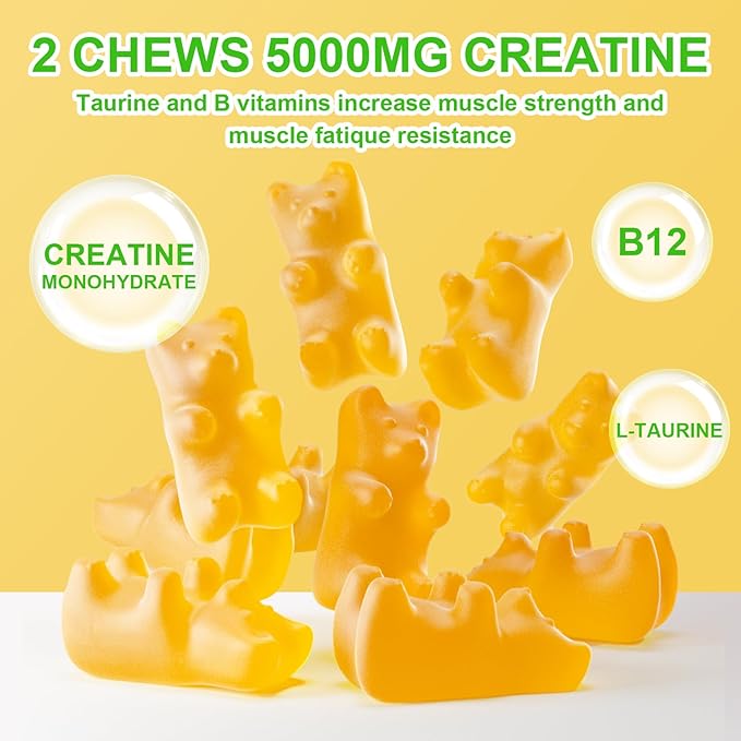 Creatine Monohydrate Gummies for Men & Women, Chewables Creatine Monohydrate for Muscle Strength, Muscle Builder, Energy Boost, Sugar Free, Vegan, Mango Flavor-120 Count