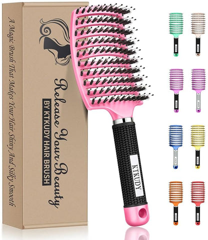 KTKUDY Detangling Brush Boar Bristles Hairbrush Make Hair Shiny & Healthier Curved and Vented Detangler Brush for Women Men Kids Wet & Dry Hair (Pink)