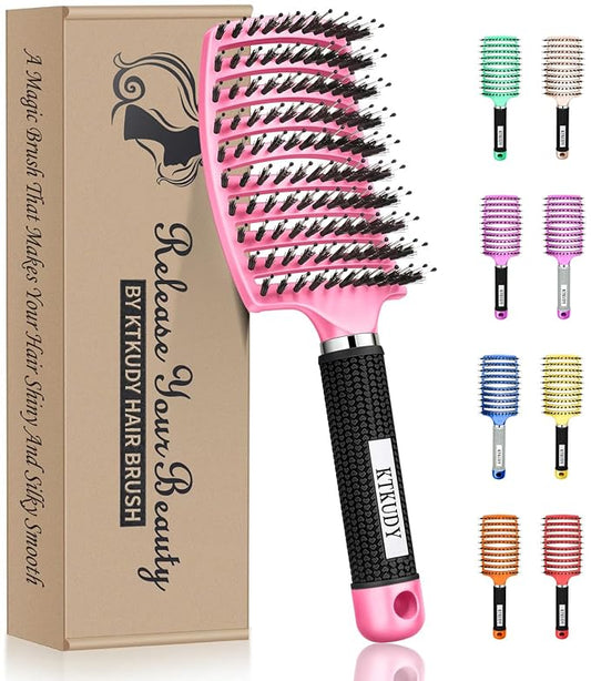 KTKUDY Detangling Brush Boar Bristles Hairbrush Make Hair Shiny & Healthier Curved and Vented Detangler Brush for Women Men Kids Wet & Dry Hair (Pink)
