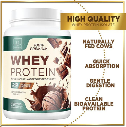 Whey Protein Powder, Rich Double Chocolate Whey Isolate with 24g Protein & BCAAs - Support Muscle Growth, Recovery & Fitness - Gluten Free, Fast Absorbing, Easy Digesting for Women & Men - 24 Servings