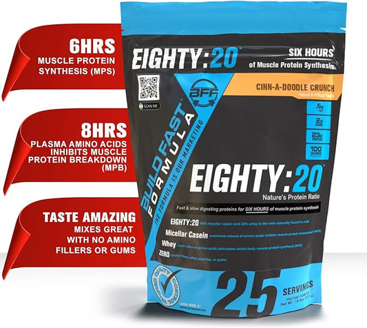 Eighty:20 Protein Powder Casein & Whey Blend | Fast & Slow Digesting Proteins for 6 Hours Muscle Protein Synthesis for Men & Women | Keto Friendly & Great Tasting (Cinn-A-Doodle Crunch)