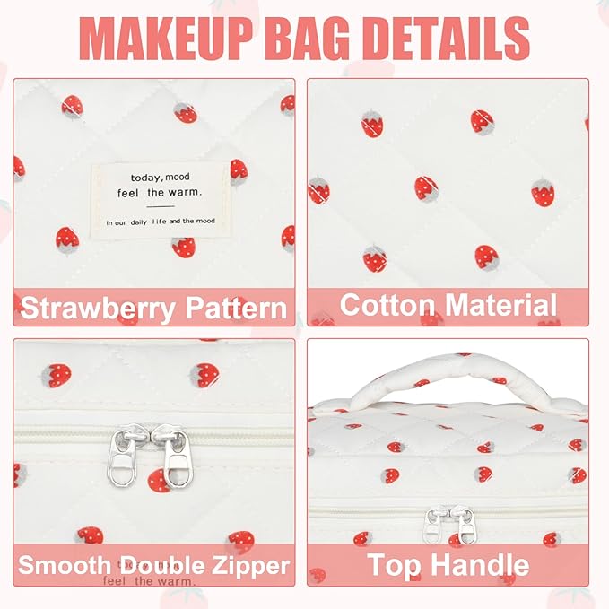 Quilted Makeup Bag Set, 3Pcs Large Checkered Corduroy Cosmetic Bags, Cute Coquette Makeup Bag Toiletry Zipper Pouch Bag for Women and Girls Checkered