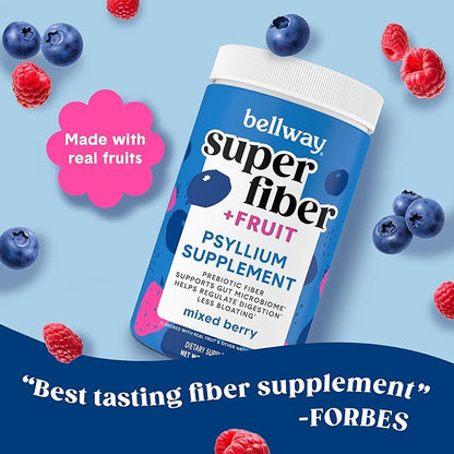 Bellway Super Fiber Powder + Fruit (5 Pack), Sugar Free Organic Psyllium Husk Powder Fiber Supplement for Regularity, Bloating Relief & Gut Health, Non-GMO, Plant-Based, Mixed Berry (250 Servings)