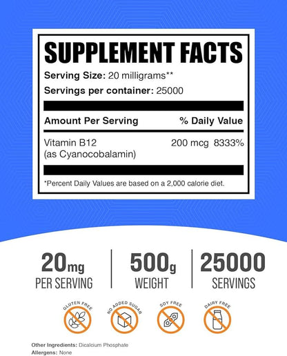 BulkSupplements.com Vitamin B12 Powder - as Cyanocobalamin, Vitamin B Supplement, Vitamin B12 200 mcg - Essential Vitamin, Gluten Free, 20mg per Serving, 500g (1.1 lbs) (Pack of 1)