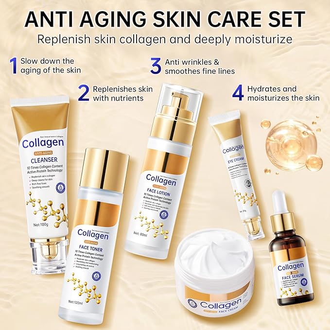 Collagen Skin Care Set, Anti Aging Skincare Set for Face, Shrink Pores, Hydrate & Firm Skin, 6 Pcs Individually Packaged Skincare Kits for Women with Cleanser, Toner, Lotion, Serum, Cream, Eye Cream.