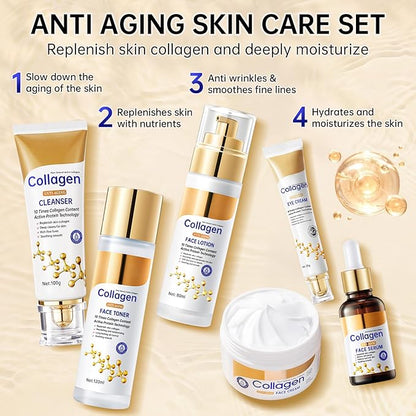 Collagen Skin Care Set, Anti Aging Skincare Set for Face, Shrink Pores, Hydrate & Firm Skin, 6 Pcs Individually Packaged Skincare Kits for Women with Cleanser, Toner, Lotion, Serum, Cream, Eye Cream.