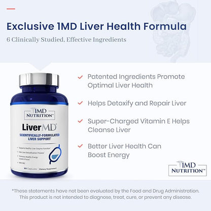 1MD LiverMD - Liver Support Supplement | Siliphos Milk Thistle Extract - Highly Bioavailable, for Liver Support | 60 Capsules