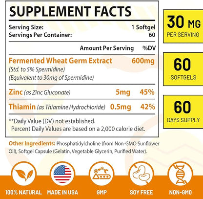30mg Spermidine Supplement, Liposomal Spermidine, High Absorption, More Potent Than Spermidine 3HCL, Fermented Wheat Germ Extract, Spermidine for Women & Men, Cellular Renewal, Longevity, 240 Softgels