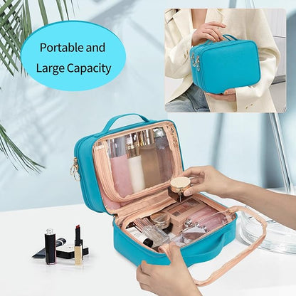 OCHEAL Makeup Bag, Double Layer Cosmetic Bag, Large Capacity New Look Clear Cosmetic Case for Women Travel Beauty Essentials, Multiple Compartments Makeup Case Organizer Zipper Pouch -Blue