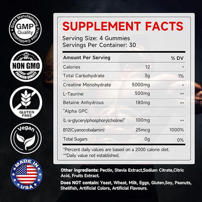 Creatine Monohydrate Gummies 5g for Men & Women – 120 Vegan, Sugar-Free Creatine Monohydrate with Taurine & B12 for Strength Support, Energy Boost, Ideal Pre-Workout Supplement