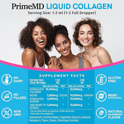 Liquid Collagen Peptides for Women - Complex with Biotin Vitamin, Hydrolyzed Keratin Protein and Saw Palmetto - Comprehensive Formula for Hair, Skin, and Nails Wellness - 2fl oz (Pack of 4)