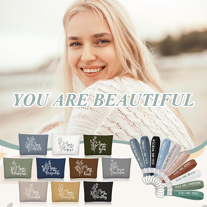 Inbagi 10 Set Inspirational Gifts Bulk for Women with 10 Keychains and 10 Bags Thank You Employee Appreciation for Adults
