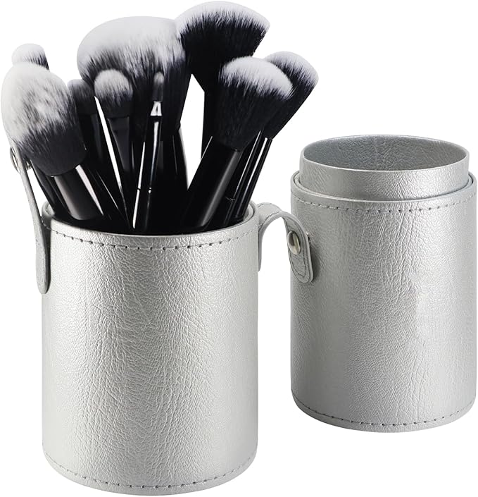 Portable Makeup Brush Case,Pu Leather Makeup Brush Holder with Button,Travel Cup Storage Dustproof Makeup Cosmetic Bags for Women (Silver)
