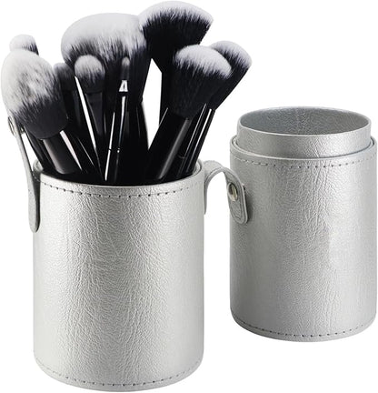 Portable Makeup Brush Case,Pu Leather Makeup Brush Holder with Button,Travel Cup Storage Dustproof Makeup Cosmetic Bags for Women (Silver)