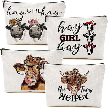4pcs Funny Print Cow Stuff Western Makeup Bag, Cows Cosmetic Bag Cow Gifts for Women Female Girls Sister BFF, Christmas Birthday Gift, Western Stuff Travel Toiletry Bags