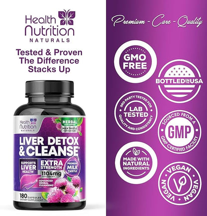 Gentle Liver Cleanse Detox & Repair Formula - Herbal Liver Support Supplement: Milk Thistle with Silymarin, Artichoke Extract, Dandelion, Beet, Chicory Root, & Turmeric for Liver Health - 180 Capsules
