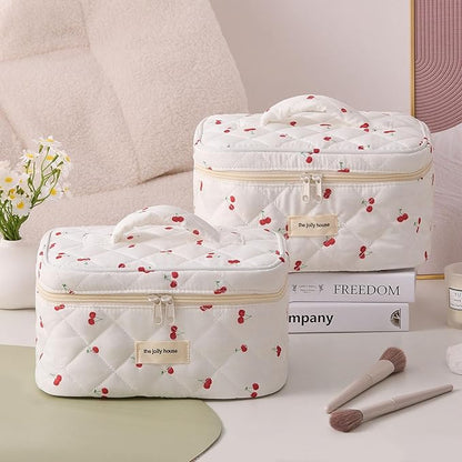 Cute Pink Cherry Quilted Makeup Bag, Large Capacity Travel Cosmetic Bag for Women and Girls, Aesthetic Storage for Daily and Travel Use,or for travel toiletry bag
