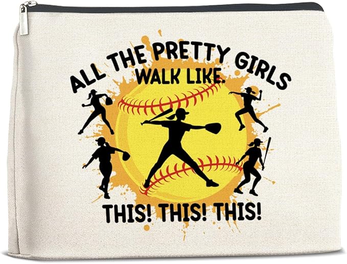 Softball Gifts for Girls Women - Makeup Bag, Player Gift - All the Pretty Girls Walk Like This - Cosmetic Bag Zipper Makeup Pouch