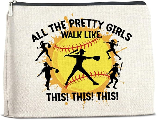 Softball Gifts for Girls Women - Makeup Bag, Player Gift - All the Pretty Girls Walk Like This - Cosmetic Bag Zipper Makeup Pouch