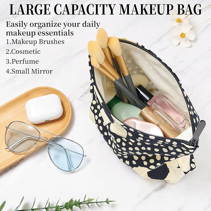WOZEAH Floral Makeup Bag for Purse Small Cosmetic Pouch,Stylish Zipper Make up Pouch Travel Canvas Toiletry Bags(Black Big Flower)