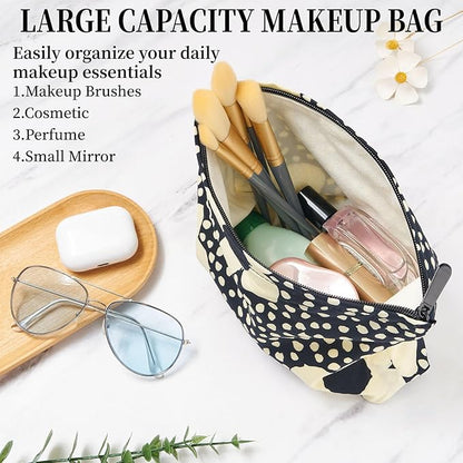 WOZEAH Floral Makeup Bag for Purse Small Cosmetic Pouch,Stylish Zipper Make up Pouch Travel Canvas Toiletry Bags(Black Big Flower)
