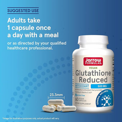 Jarrow Formulas Glutathione Reduced 500mg- 60 Veggie Capsules- Intracellular Antioxidant- Quality Glutathione Supplements- Supports Recycling of Vitamins C & E- Non-GMO- Gluten Free- Vegan, Pack of 12