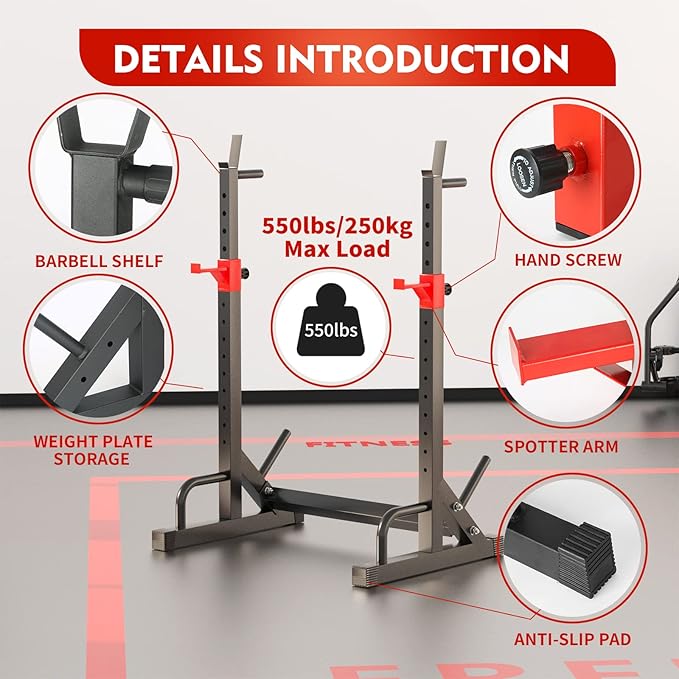 Squat Rack, Barbell Rack, Bench Press 550 LBS Max Load Adjustable Squat Rack Stand Multi-Function Weight Lifting Home Gym - Great for Beginners and Professional Use
