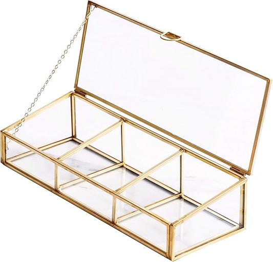 Golden Vintage Glass Lidded Box Clear Glass & Brass Metal Storage Jewelry and Cosmetic Makeup Organizer with Lid Beauty Display, Rectangle with 3 Compartment