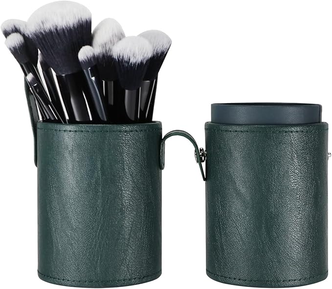 Portable Makeup Brush Case,Pu Leather Makeup Brush Holder with Button,Travel Cup Storage Dustproof Makeup Cosmetic Bags for Women (Dark green)