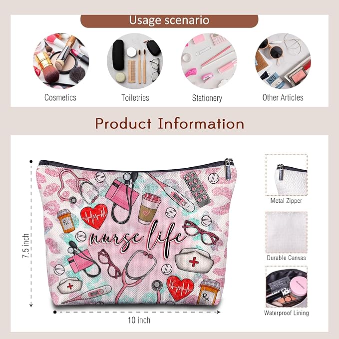 Nurse Life Nurse Makeup Bag - Nurse Gifts Nursing Bags, Nurse Graduation Gifts for Women, Pink Emergency Room ICU Nurse Cosmetic Bag