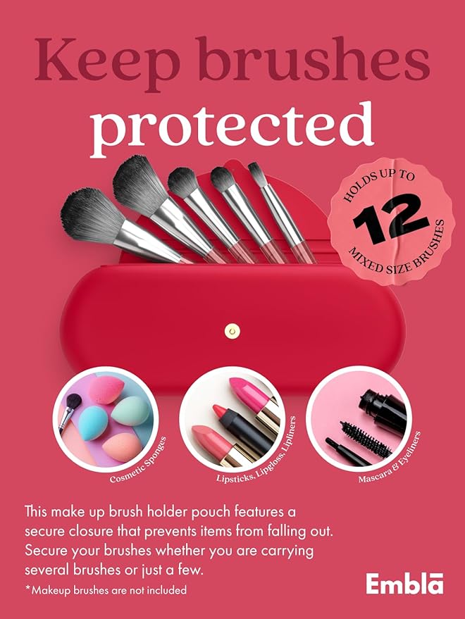 Embla Makeup Brush Holder Travel Cosmetic Case Pouch, Soft Silicone Cosmetic Bag Make Up Brushes Holder with Secure Snap Closure, Travel Makeup Brush Case, Ruby