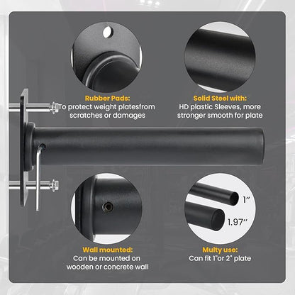 Weight Plate Holder, Wall Mounted Weight Rack for 1" and 2" Olympic Weight Plates, Home Gym Storage with 8pcs Steel Expansion Bolts Weight Storage Racks