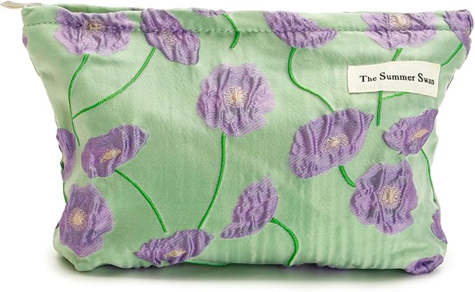 The Summer Swan | Large Aesthetic Makeup Bag | Floral Makeup Bag | Mid-day Clutch | Period Kit Bag | Hygiene Bag | Skincare Bag | Cute Makeup Bag (Color Block Floral Purple), CosmeticBag10575