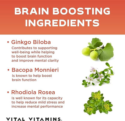 Vital Vitamins Brain Supplements for Memory and Focus - Nootropic Brain Support - Memory, Clarity, Focus, Energy - Vitamin B12, Gingko Biloba, DMAE