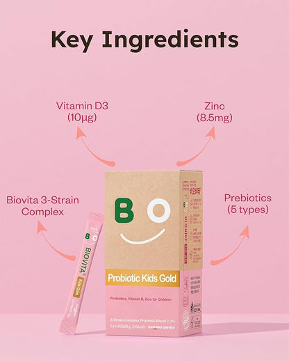 Kids Probiotics Powder (30 Sticks, 30 Days) - Support Healthy Immune & Digestive System, Strawberry Milk Flavor for Children 3-12. Bifidobacteria, Vitamin D, Zinc. Mouth-Dissolving Formula.