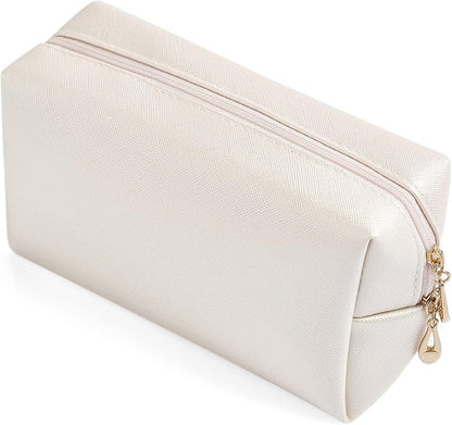 PU Leather Cosmetic Bag for Women Minimalism Makeup Bag for Daily Use Portable Storage Purse Small Neat Cosmetic Pouch Water-resistant Toiletry Bag for Travel (Ivory White)