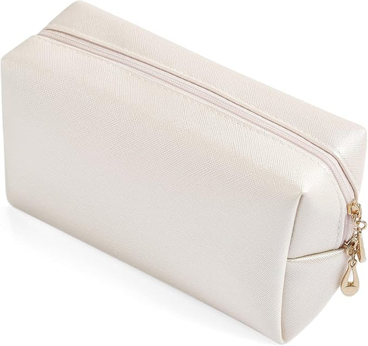 PU Leather Cosmetic Bag for Women Minimalism Makeup Bag for Daily Use Portable Storage Purse Small Neat Cosmetic Pouch Water-resistant Toiletry Bag for Travel (Ivory White)