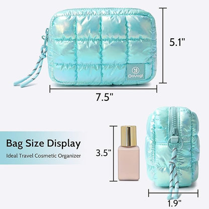 Quilted Cosmetic Bag, Puffer Makeup Bags, Crossbody Purses for women,Cute Travel Toiletry Bag for Women (Dazzling Ice Blue)