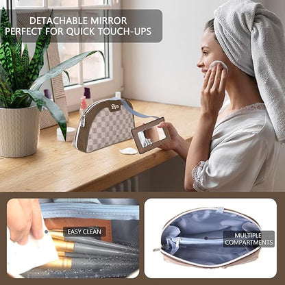 Small Makeup Bag for Purse Cosmetic Bag: Checkered Make up Bag for Women - Cute Preppy Skincare Bags for Evening - Waterproof Travel Pouch for Toiletry Organizer with Mirror & Zipper(023-Light Brown)