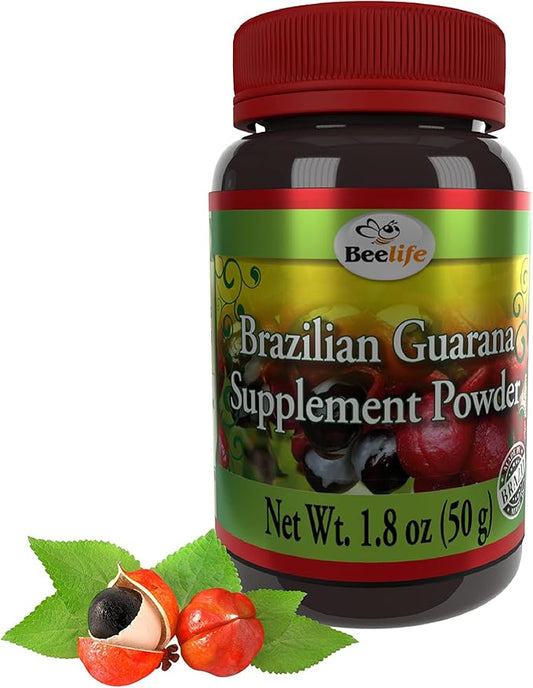 Beelife Brazilian Guarana Powder - Natural Caffeine Supplements from Brazil - Energy & Mental Focus, Muscle Strength Support - Zero Gluten, No Sugar Vegan Pre Workout for Men & Women - 50g