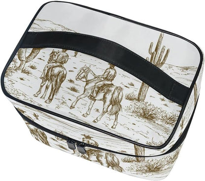 Kigai Western Desert Cowboys Travel Cosmetic Bag Case Large Portable Makeup Bag Organizer for Women Girls Top Handle Multifunction Toiletry Bags