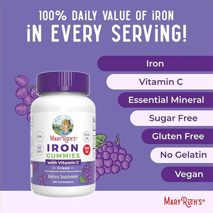 MaryRuth Organics Iron Suppleme nt Gummies for Adults | Sugar Free | Gummy Iron Supplements Vitamin C for Ages 14 | Iron Supplement for Iron Deficiency | Immune Support | Vegan | Non-GMO | 60 Count
