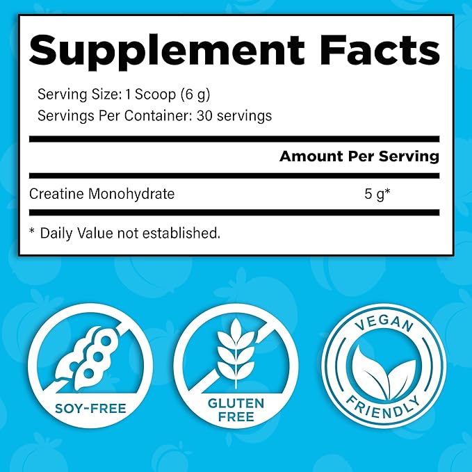 Curvy Body Creatine Monohydrate Powder | Workout Support | Vegan | Kosher | Blue Raspberry Flavor 180 Grams (30 Servings)